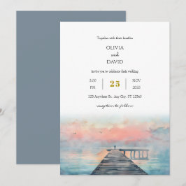 Scenia Pastel Dawn Fishing Pier Art Beach Wedding Inbjudningar