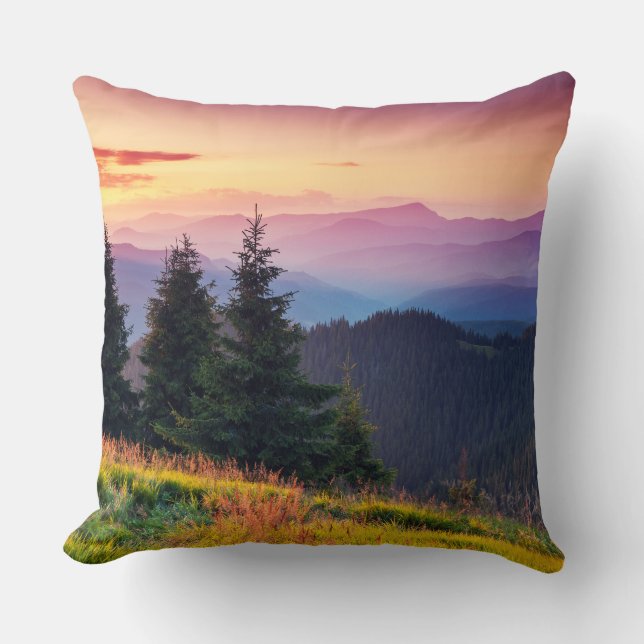 Scenia Sunset Mountains Jungle Gräs träd Fall Kudde (Framsida)