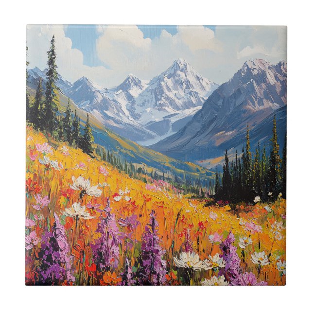 Scenia Wildblommor och Mountains Fine Art Kakelplatta (Framsidan)