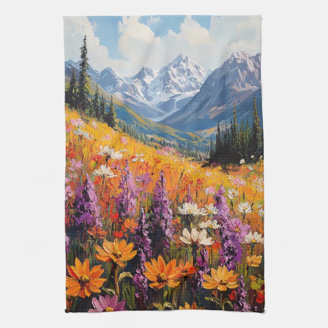 Scenia Wildblommor och Mountains Fine Art Kökshandduk (Vertikal)
