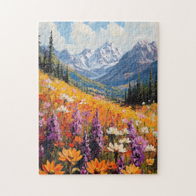 Scenia Wildblommor och Mountains Fine Art Pussel (Vertikal)