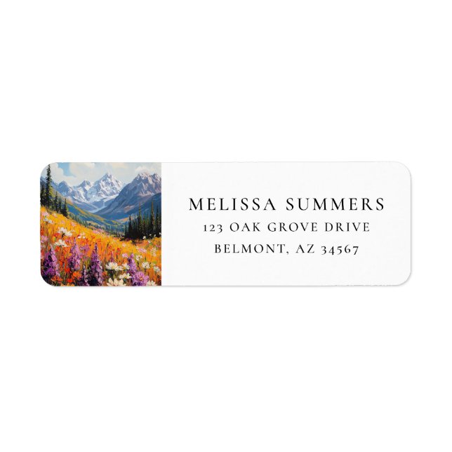 Scenia Wildblommor och Mountains Fine Art Returadress Etikett (Framsidan)