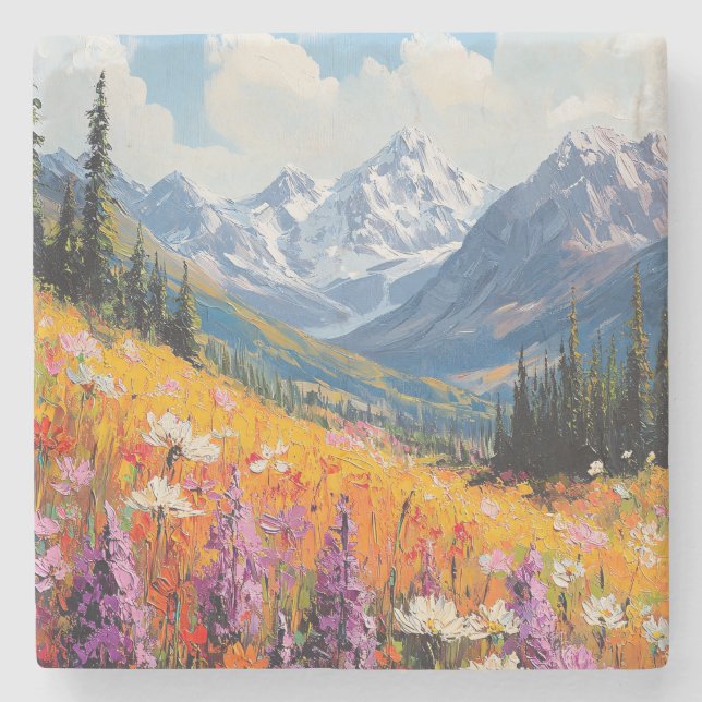 Scenia Wildblommor och Mountains Fine Art Stenunderlägg (Framsidan)