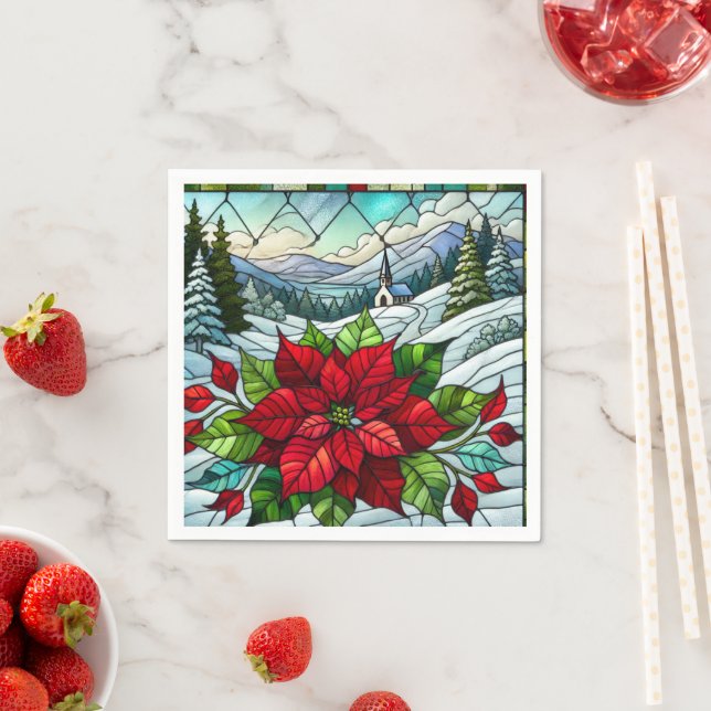 Scenia Winter Poinsettia Stached Glass Decoupage Pappersservett (Insitu)