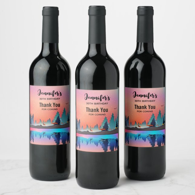 Scenia Winter Sjö med Hjort Birthday Vinflaska Etikett (Flaskor)