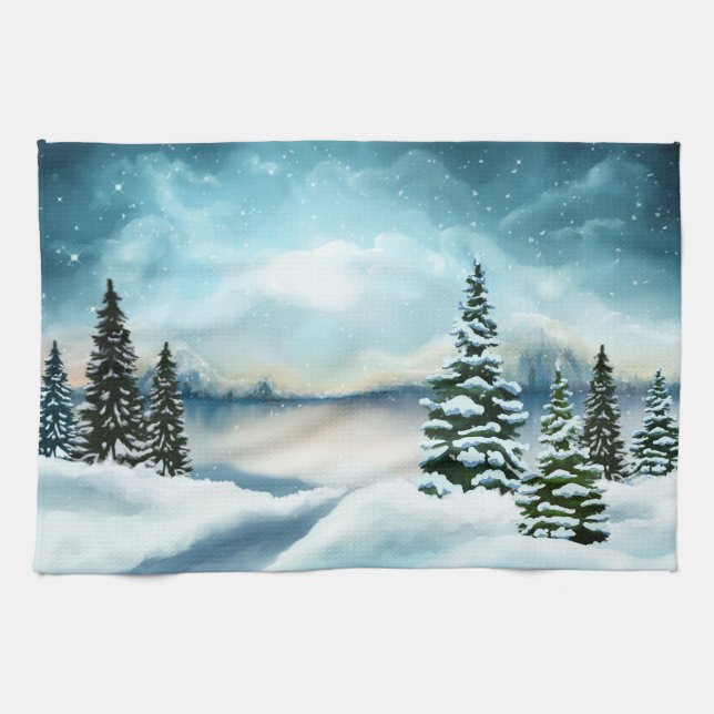 Scenia Winter Wonderland Watercolor Painting Kökshandduk (Horisontell)