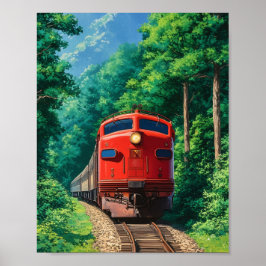Scenic Red Locomotive Train Mountain Forest Poster