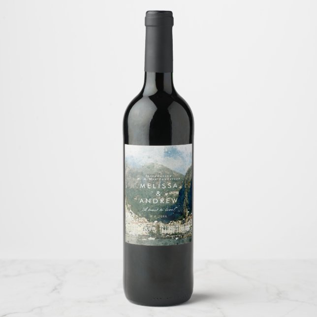 scenisk amalfi-italien rustic bröllop vin flaska vinflaska etikett (Framsida)