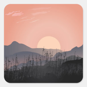 Scenisk syn på solnedgång i ett ödsligt landskap fyrkantigt klistermärke