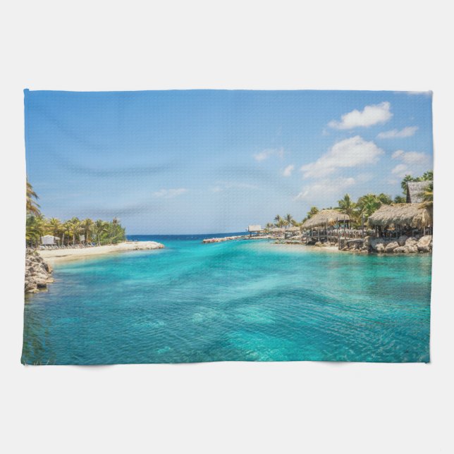 Scenisk tropisk persika med tjuvaktiga huts-foto kökshandduk (Horisontell)