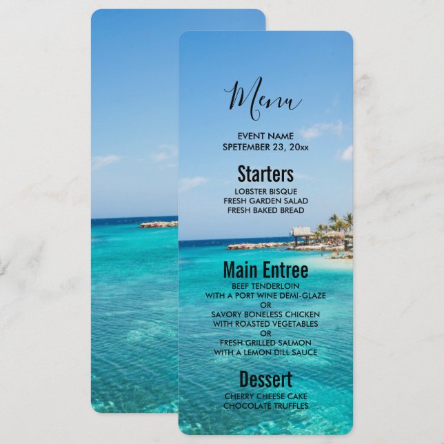 Scenisk tropisk strand med Thatched Huts Bröllop Inbjudningar (Fram/baksida)