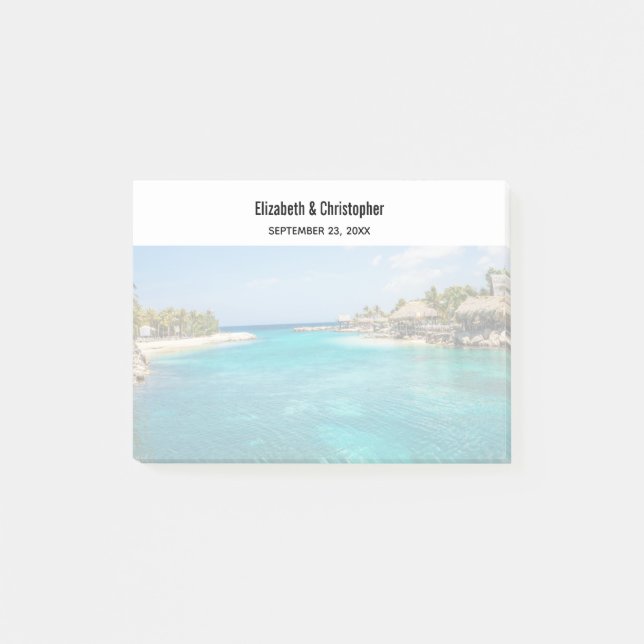 Scenisk tropisk strand med Thatched Huts Bröllop Post-it Block (Framsida)