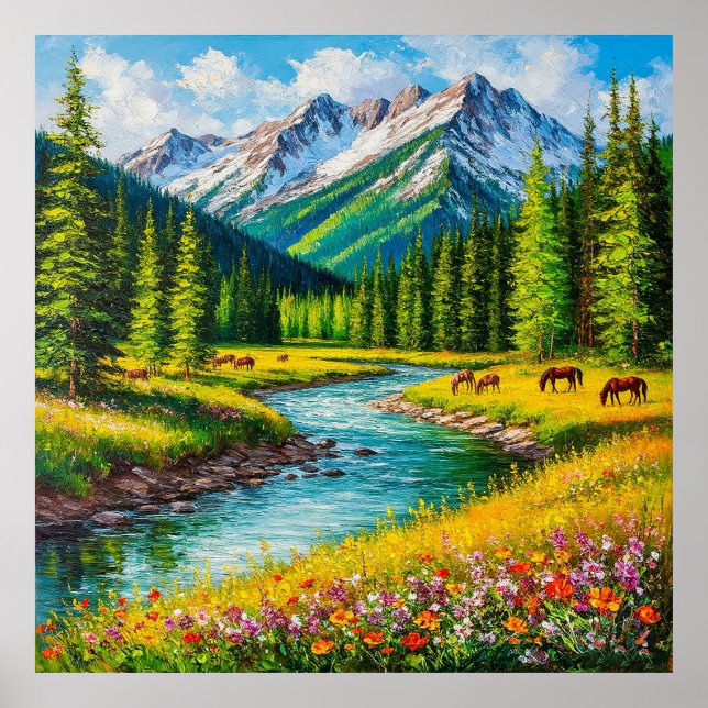 Sceniskt bergsdal med Stream Poster (Framsidan)