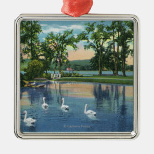 Sceniskt beskåda av svanar på sjön julgransprydnad metall