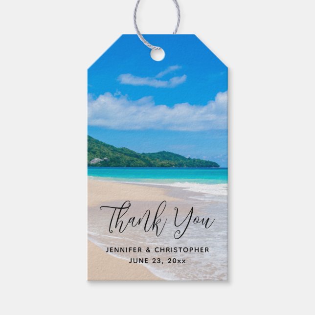 Sceniskt klossbröllop med tropiskt mål presentetikett (Framsidan)