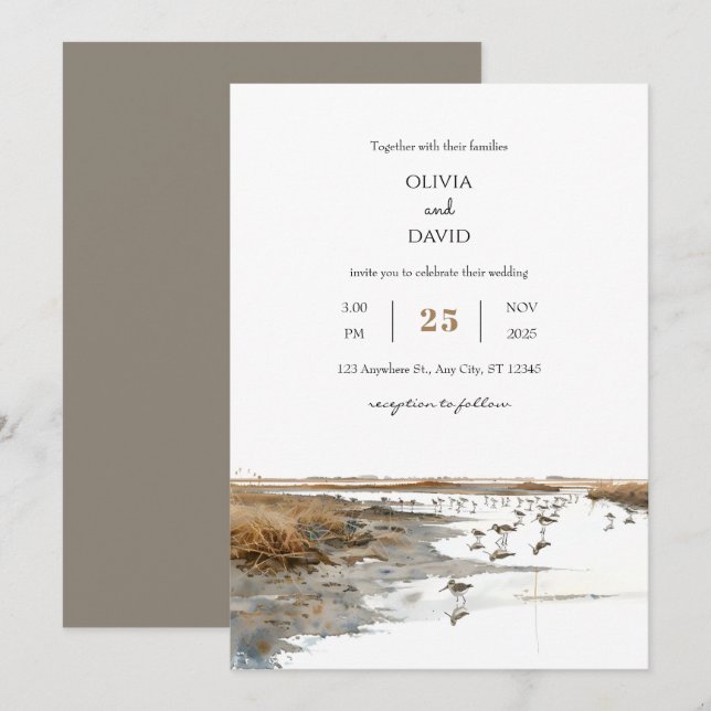 Scenska kustfåglar Art Watercolor Beach Wedding Inbjudningar (Fram/baksida)