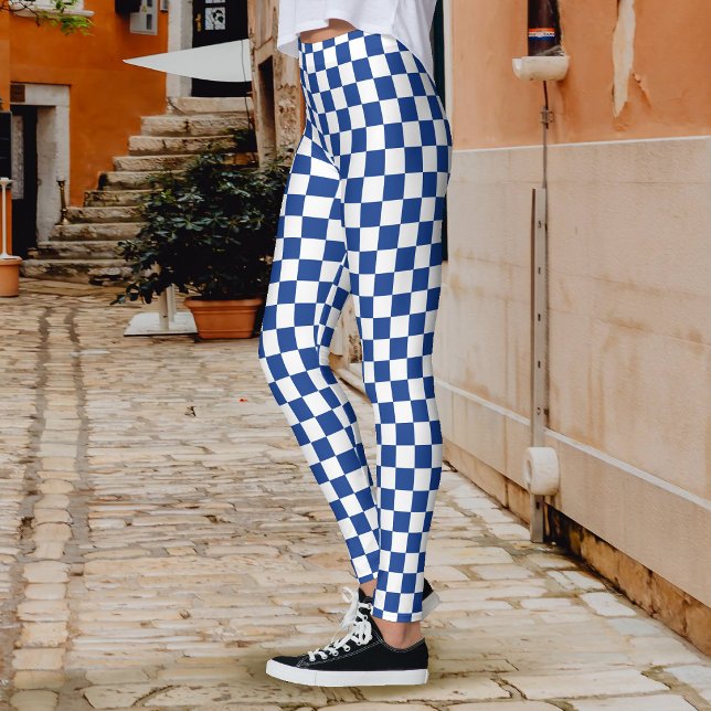 Schackbräda Marinblå Vit Leggings (Checkerboard Navy Blue White Leggings)