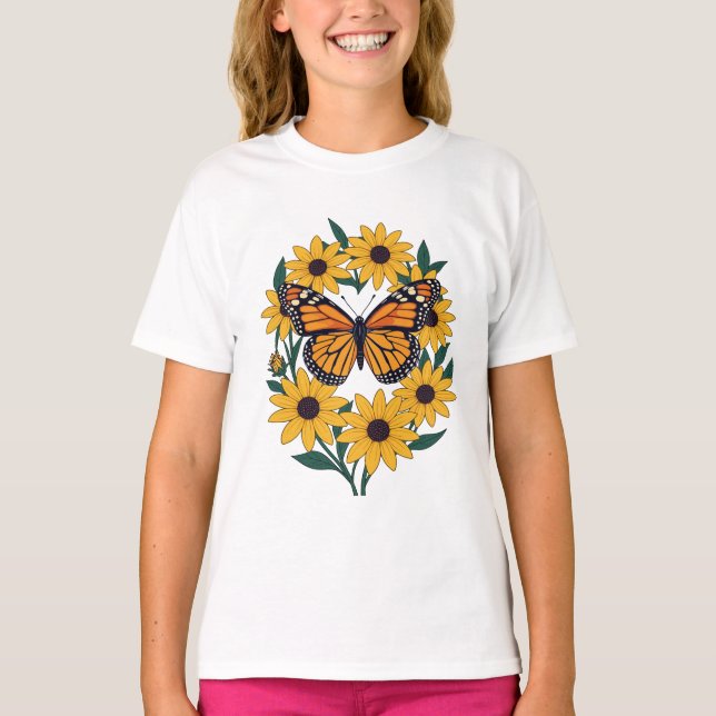 Schackfläckad Fjäril Och Svartögda Prästkragar T Shirt (Framsida)