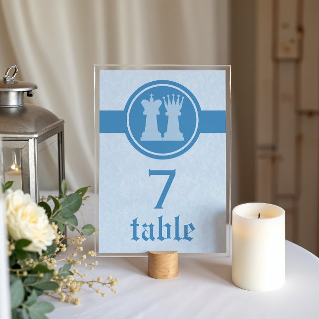 Schackkung och Drottning Bröllops Bordskort, Blå Bordsnummer (Blue Chess King and Queen Wedding Table Card)
