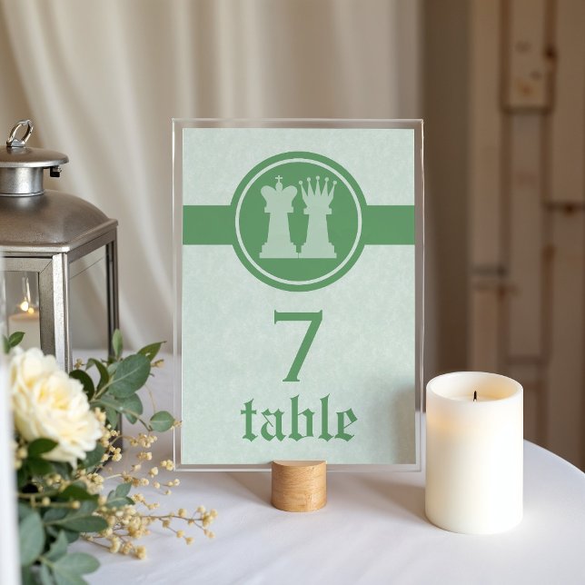 Schackkung och -drottning Bröllopsbordskort, Grön Bordsnummer (Green Chess King and Queen Wedding Table Card)