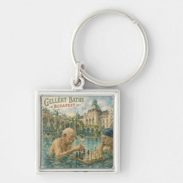 Schackmatch Gellert Baths Budapest Ungern Fyrkantig Silverfärgad Nyckelring (Framsidan)
