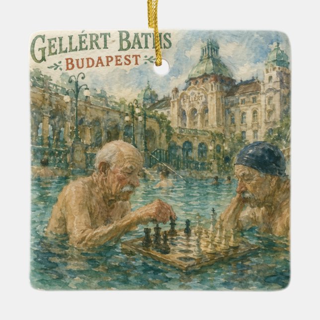 Schackmatch Gellert Baths Budapest Ungern Julgransprydnad Keramik (Framsida)
