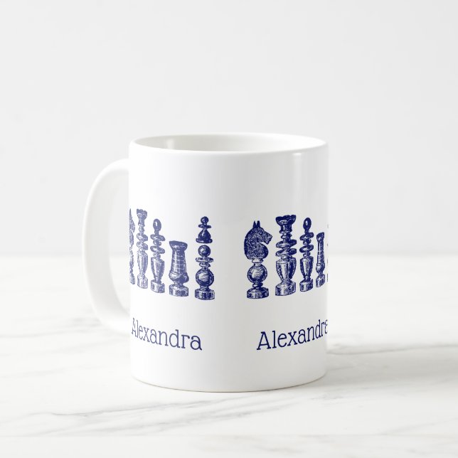 Schackpjäser Vintagekonst Blå Kaffemugg (Framsida vänster)