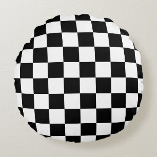 Schackrutiga rutor svart och vit geometrisk retro rund kudde