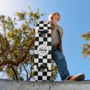 Schackrutigt svart och vitt retro monogram mini skateboard bräda 18,5 cm