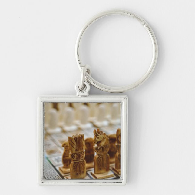 Schackspel till salu, Khan el Khalili Bazaar, Fyrkantig Silverfärgad Nyckelring (Framsidan)