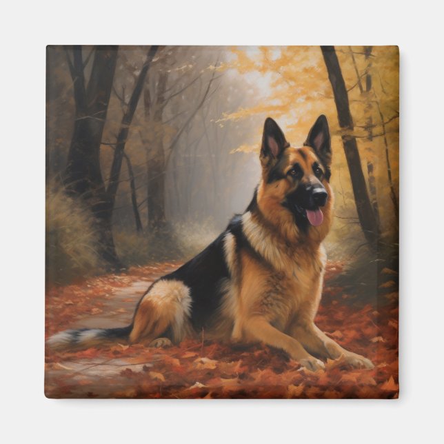 Schäferhund bland höstlöv ger inspiration magnet (Framsidan)