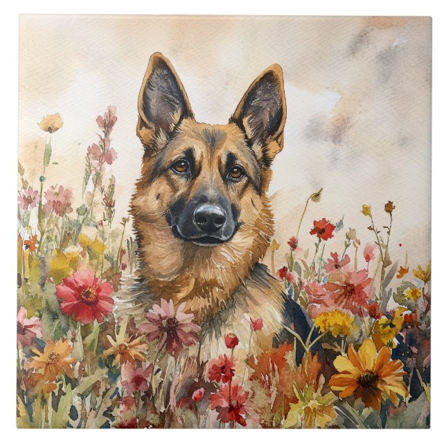 Schäferhund bland livfulla vilda blommor kakelplatta (Framsidan)