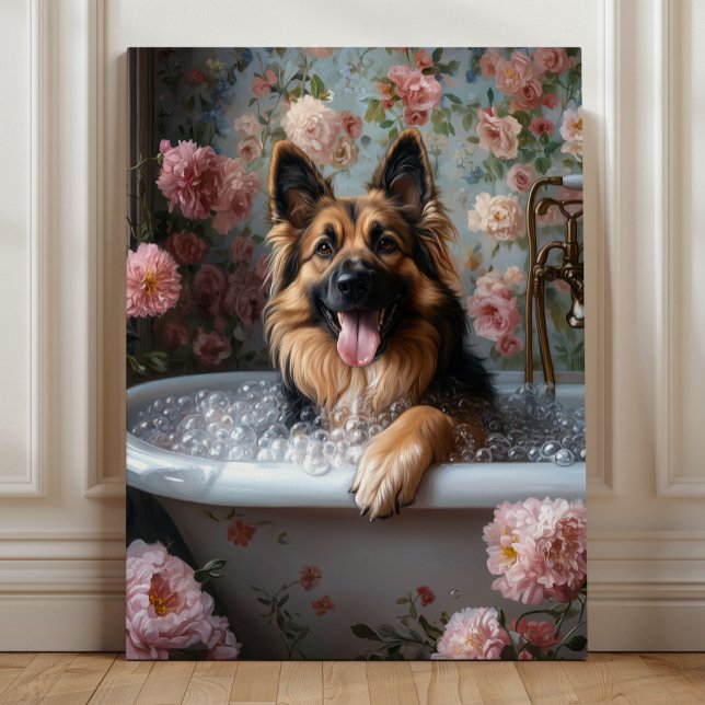 Schäferhund Bubble Bath Bliss Canvastryck (German Shepherd Bubble Bath Bliss – Whimsical Floral Bathroom Dog Art by Nicole Cossairt)