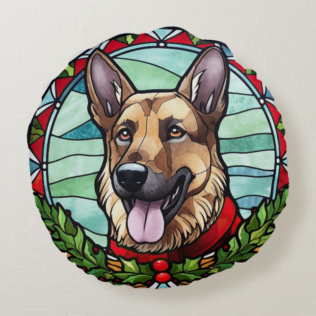 Schäferhund Glas-i-färger Jul Rund Kudde (Baksidan)