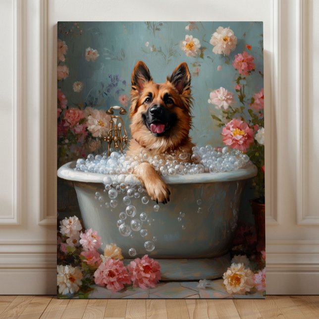 Schäferhund i bad – Nyckfull blomsterprydnad Canvastryck (German Shepherd in a Bubble Bath – Whimsical Floral Bathroom Art by Nicole Cossairt)