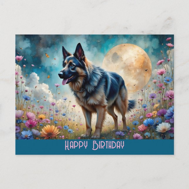 Schäferhund i blomsterfält vykort (Framsida)