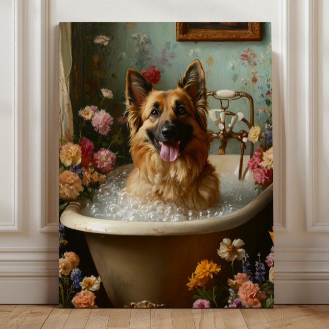Schäferhund i ett blomsterbad canvastryck (German Shepherd in a Floral Bubble Bath – Whimsical Dog Bathroom Art by Nicole Cossairt)