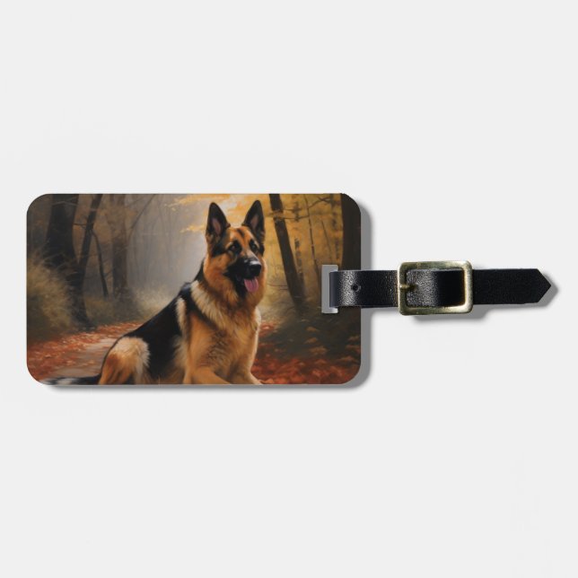 Schäferhund i höstlöv fall inspirerar bagagebricka (Horisontell Framsida)