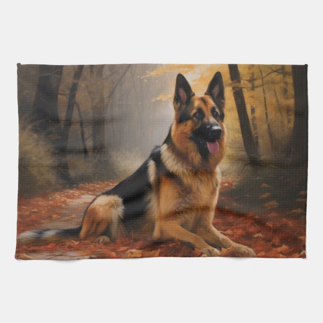 Schäferhund i höstlöv faller inspirerar kökshandduk (Horisontell)