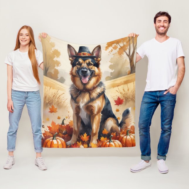 Schäferhund i höstlöv tackgivande konst fleecefilt (På plats)