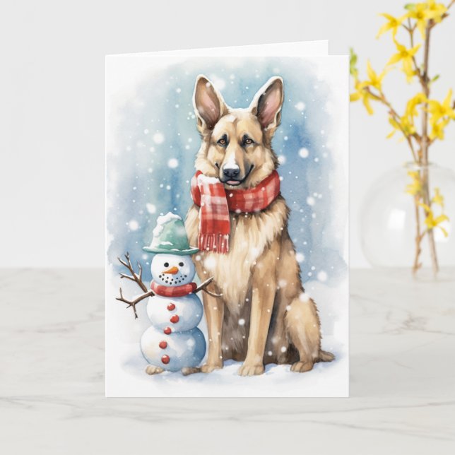 Schäferhund i julhatt med snöman kort (Gul blomma)