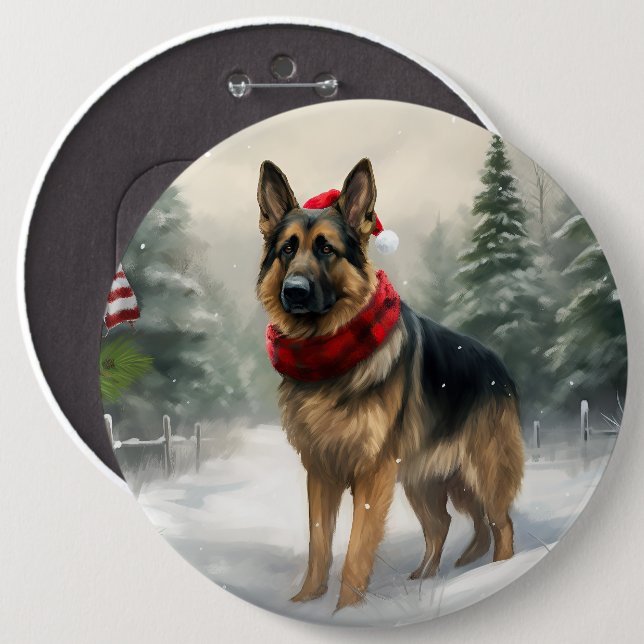 Schäferhund i julsnö knapp (Framsida & baksida)