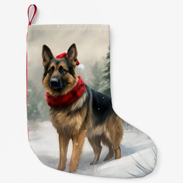 Schäferhund i julsnö liten julstrumpa (Framsidan)