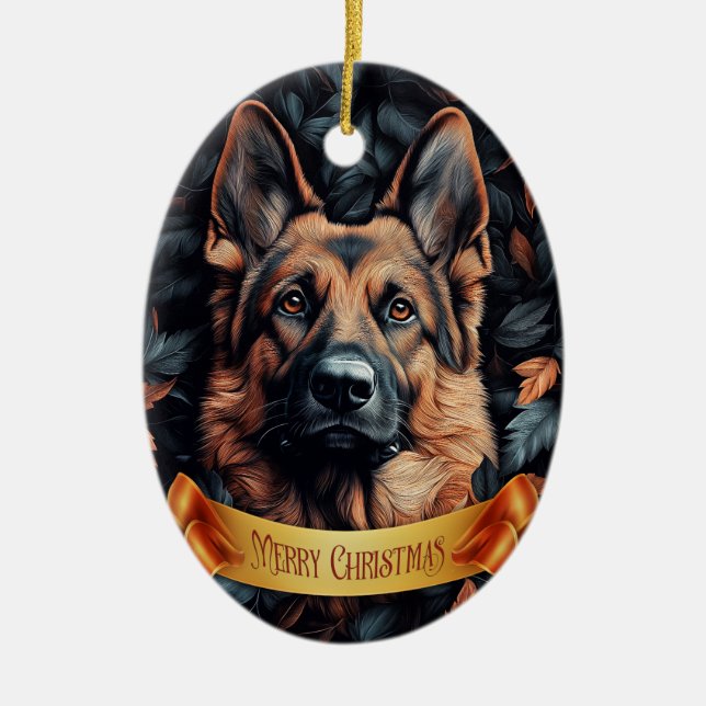 Schäferhund i löv julgransprydnad keramik (Framsidan)