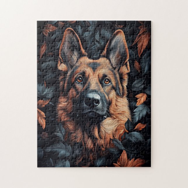 Schäferhund i löv pussel (Vertikal)