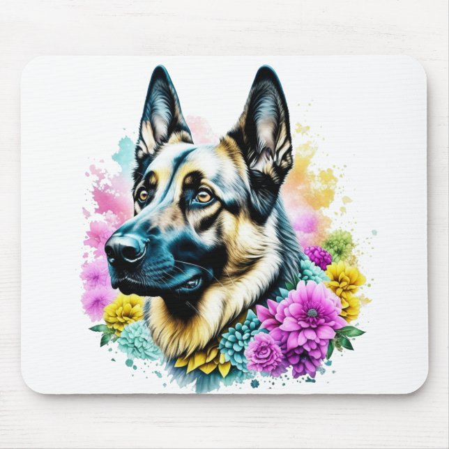 Schäferhund i rosa och gula blommor musmatta (Framsidan)