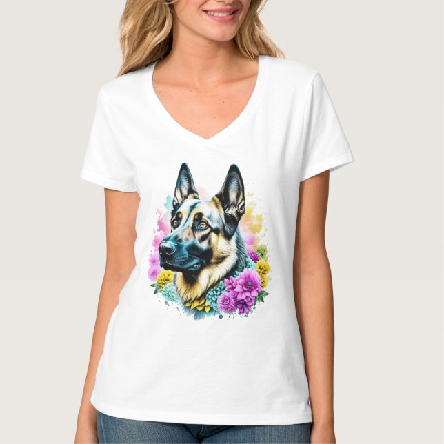 Schäferhund i rosa och gula blommor t shirt (Framsida)