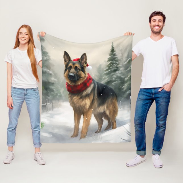 Schäferhund i snö jul fleecefilt (På plats)