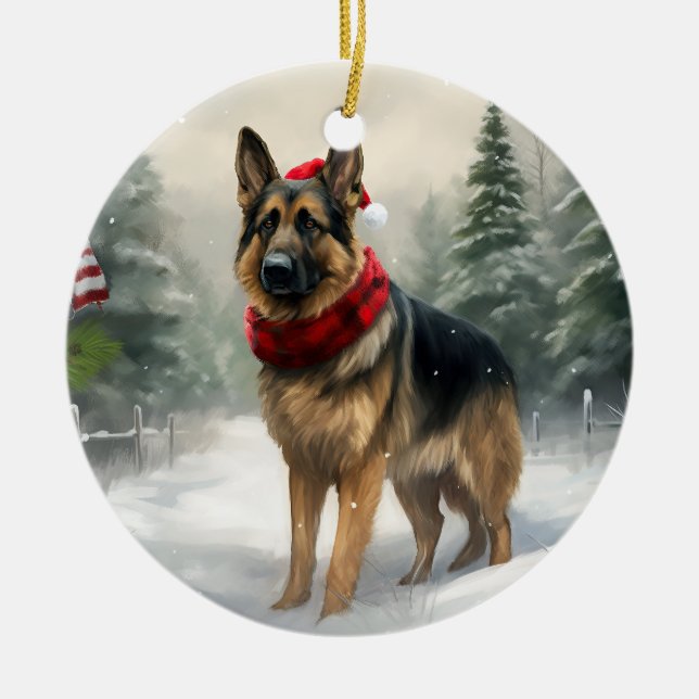 Schäferhund i snö jul julgransprydnad keramik (Framsidan)