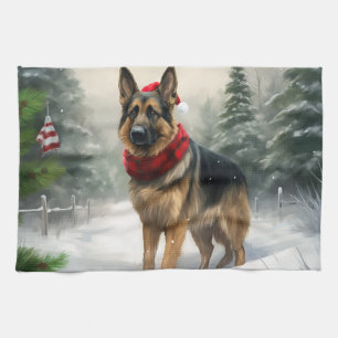 Schäferhund i snö jul kökshandduk